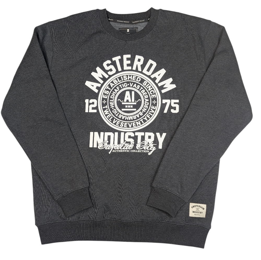 Amsterdam Industry charcoal gray sweatshirt W white typography. Large